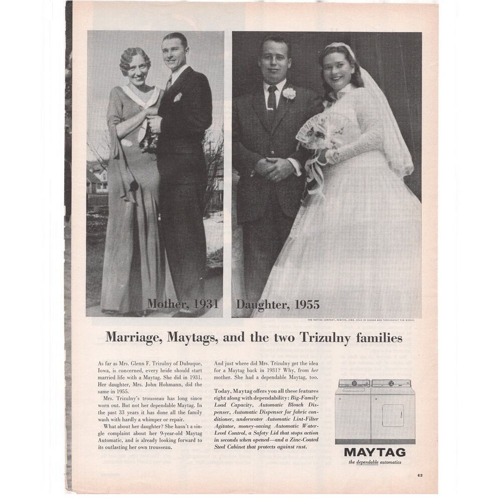 Maytag Washer Dryer Magazine Advertisement 1955 Wedding Couple Marriage Vintage